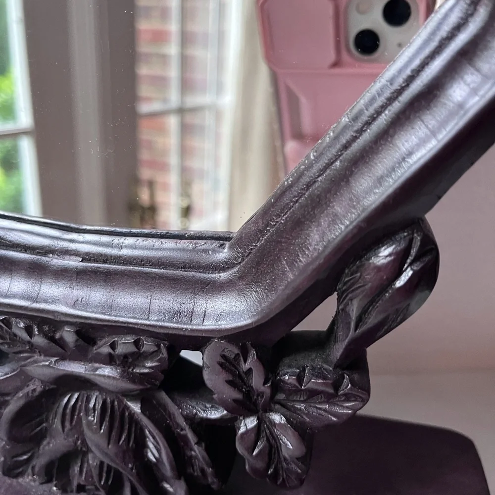 Antique hand carved vanity mirror Floral frame walnut wood frame